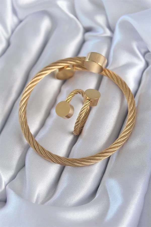 316l Çelik Gold Renk Sarmal Model Erkek Bileklik Yüzük Kombini