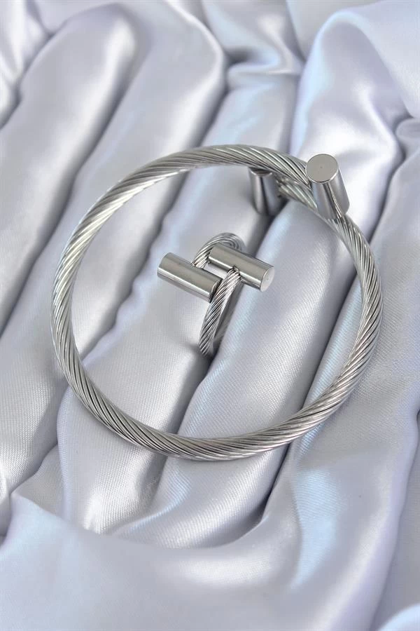 316l Çelik Gümüş Renk Sarmal Model Erkek Bileklik Yüzük Kombini