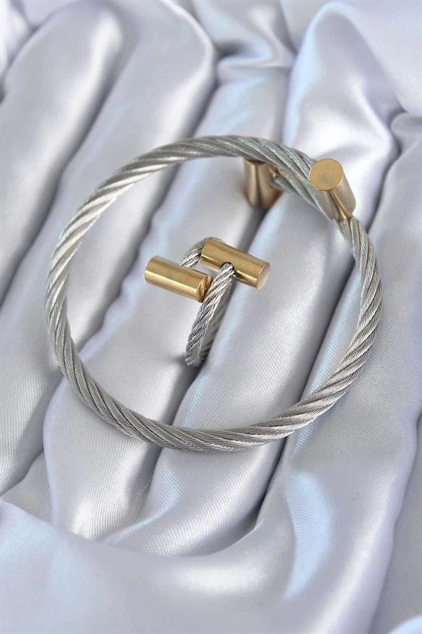 316l Çelik Gümüş Renk Gold Detay Sarmal Model Erkek Bileklik Yüzük Kombini