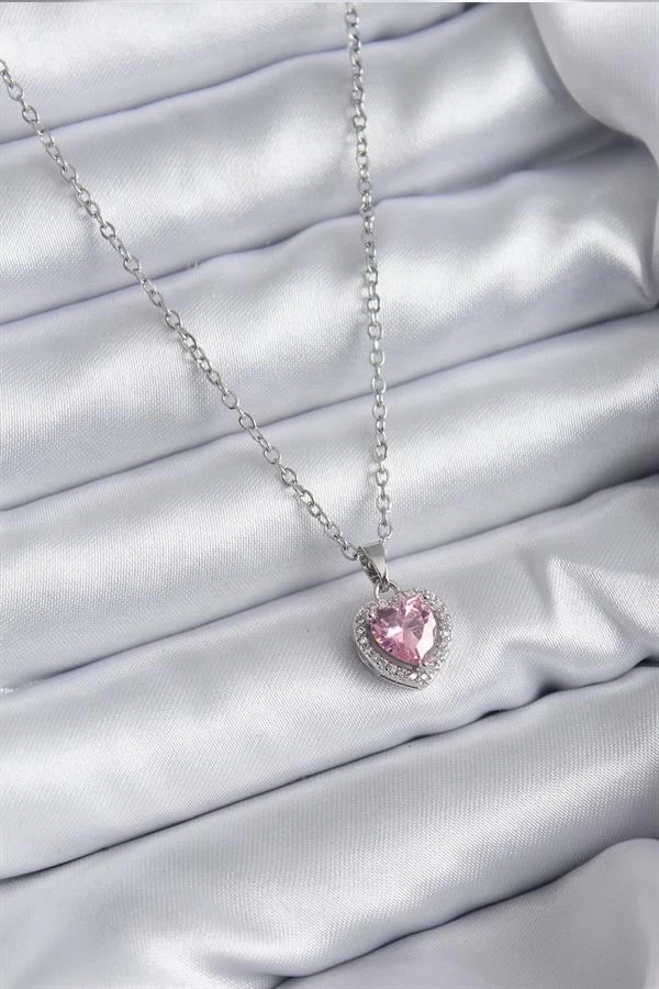 316l Çelik Zincir Gümüş Renk Pembe Zirkon Taş Charm Model Kadın Kolye
