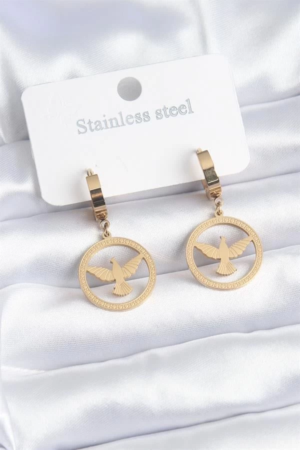 316l Çelik Gold Renk Kuş Model İşleme Detay Kadın Küpe