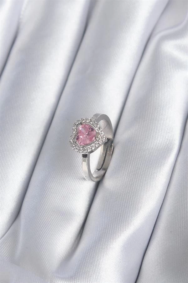 Pirinç Gümüş Renk Pembe Zirkon Taşlı Charm Model Kadın Yüzük