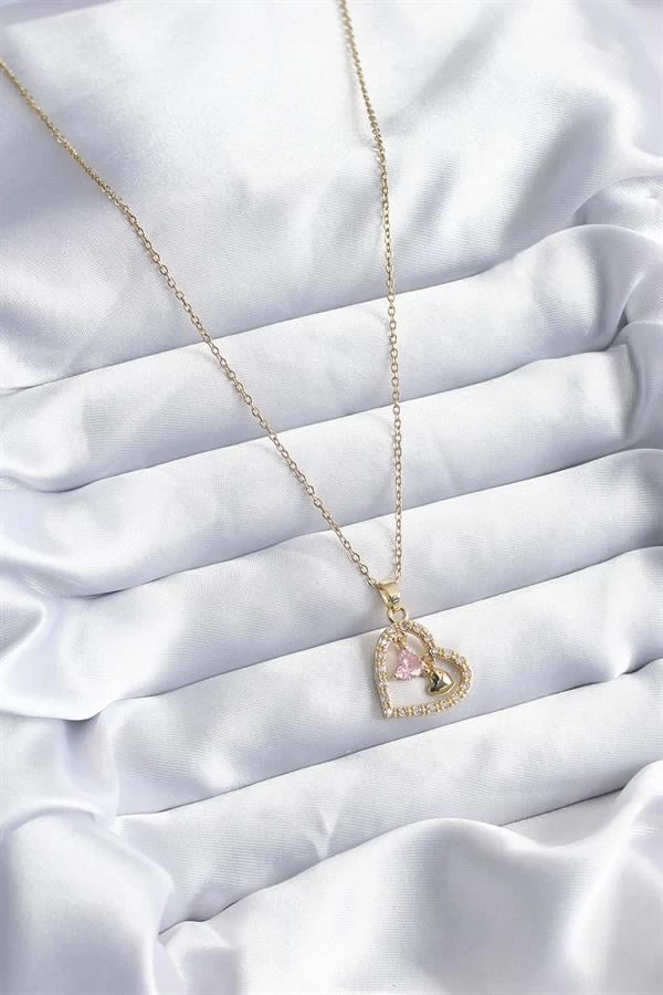 316l Çelik Gold Renk Zincir Zirkon Taşlı Kalp Model Kadın Kolye