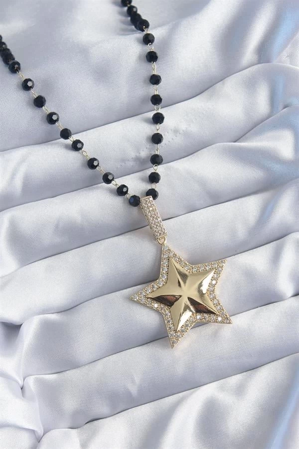 Gold Renk Siyah Boncuk Zirkon Taşlı Yıldız Model Vİp Seri Kadın Kolye