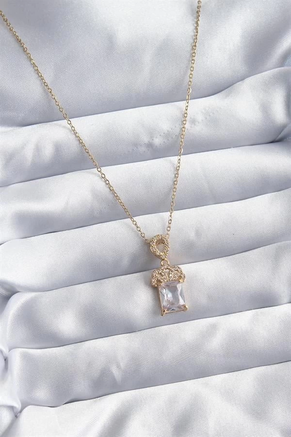 316l Çelik Zincir Gold Renk Zirkon Taşlı Taç Model Kadın Kolye