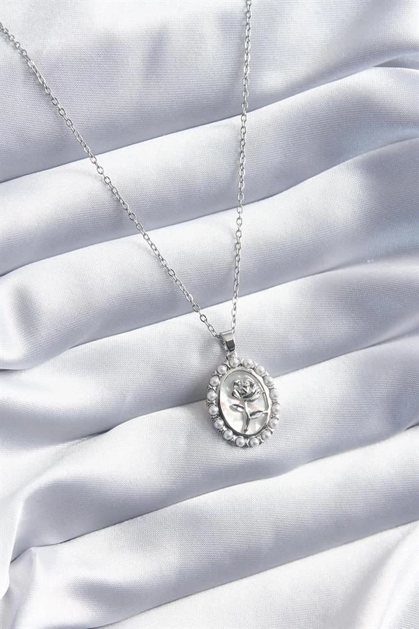 316l Çelik Gümüş Renk Gül Model İnci Detay Kadın Kolye