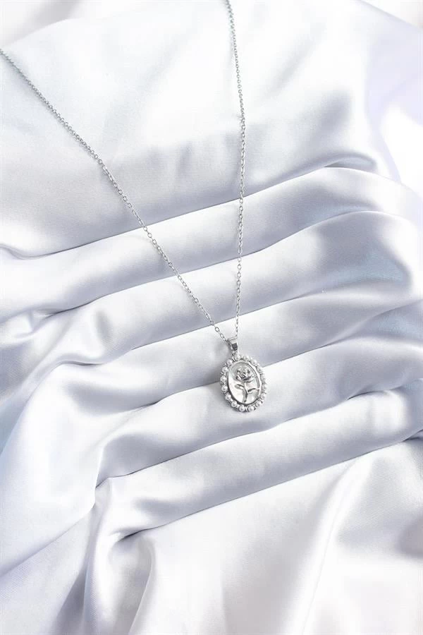 316l Çelik Gümüş Renk Gül Model İnci Detay Kadın Kolye