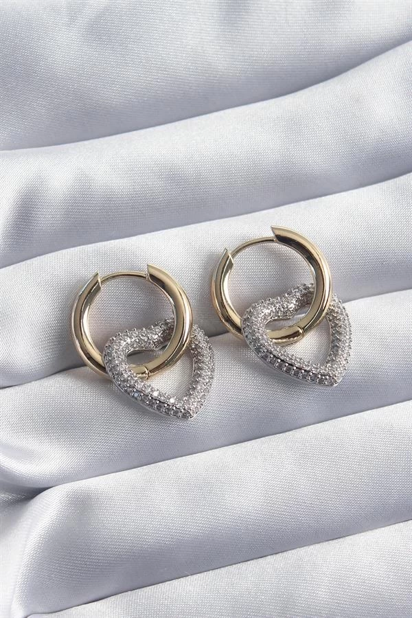 Pirinç Gold Renk Halka Gümüş Zirkon Taşlı Kalp Model Vİp Seri Kadın Küpe