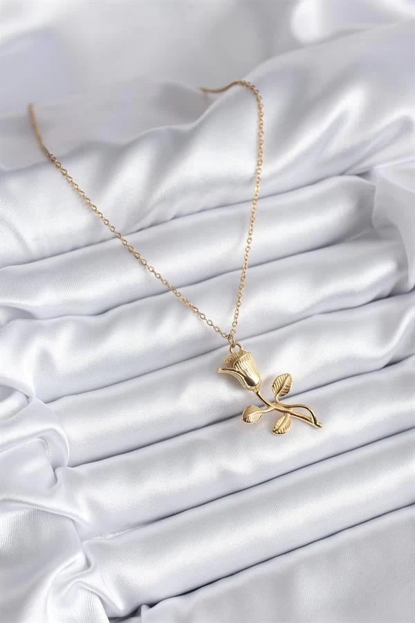 316l Çelik Gold Renk Gül Model Kadın Kolye