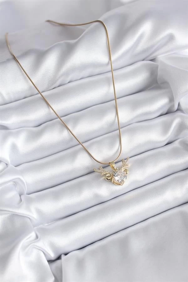 316l Çelik Gold Renk Zirkon Taşlı Boynuz Model Kadın Kolye