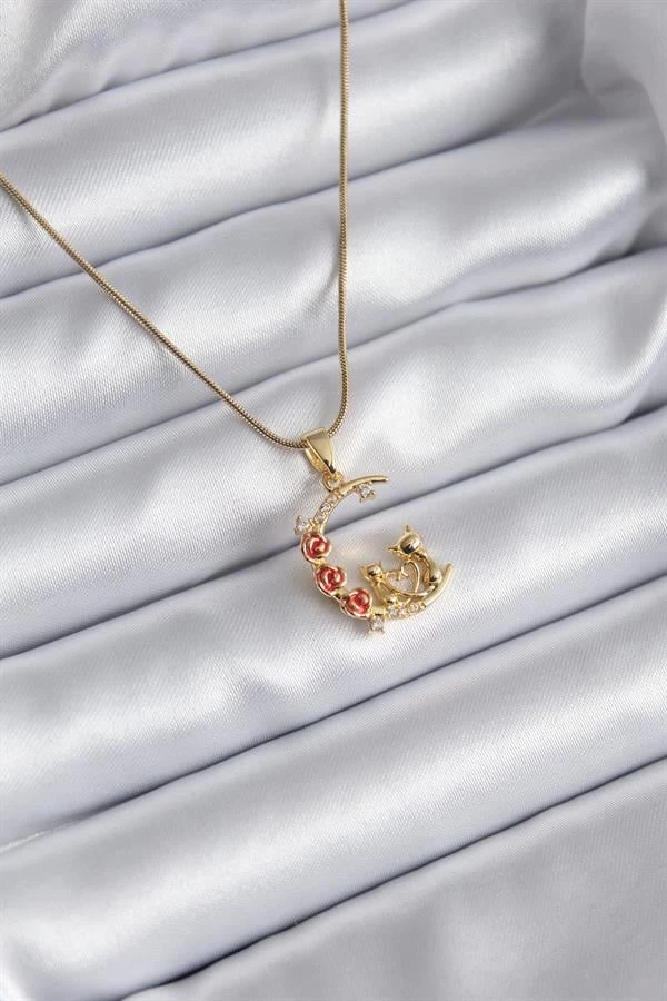 316l Çelik Gold Renk Hilal Kedi Model Zirkon Taşlı Detay Kadın Kolye