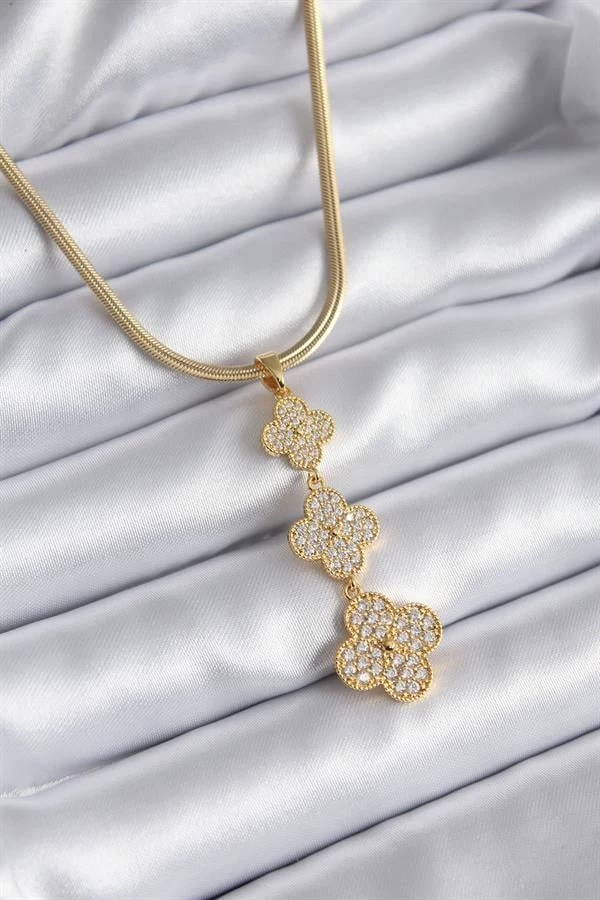 316l Çelik Gold Renk İtalyan Zincir Zirkon Taşlı Yonca Model Kadın Kolye