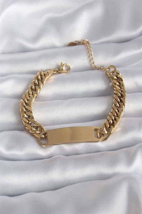 316l Çelik Gold Renk İsim Yazılabilir Plaka Model Kadın Bileklik