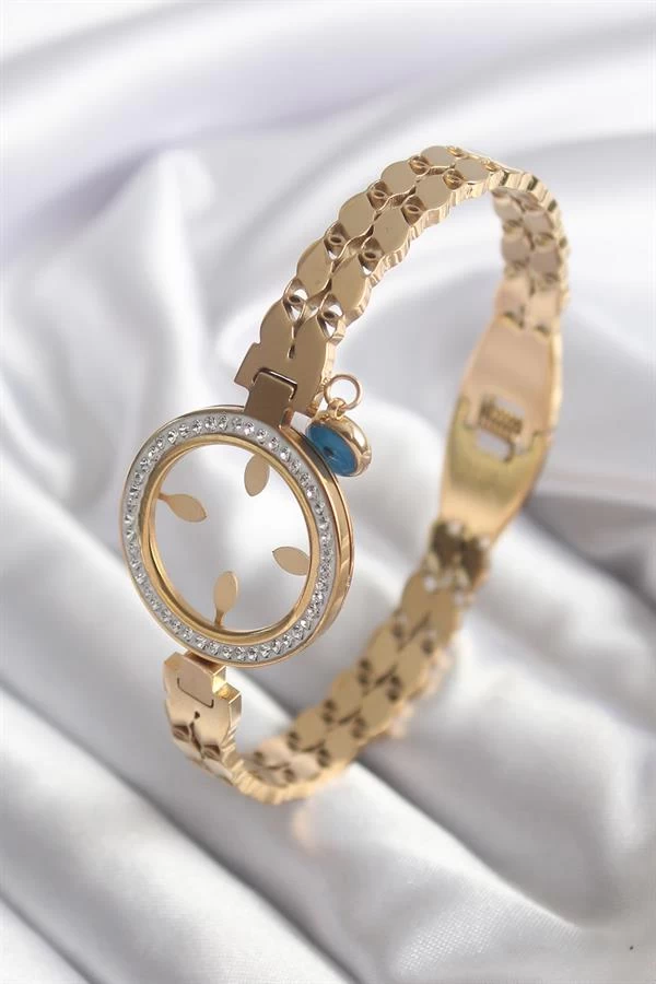 316l Çelik Gold Renk Arpa Model Zirkon Taş Detay Çeyrek Altın Takılabilir Kadın Kelepçe