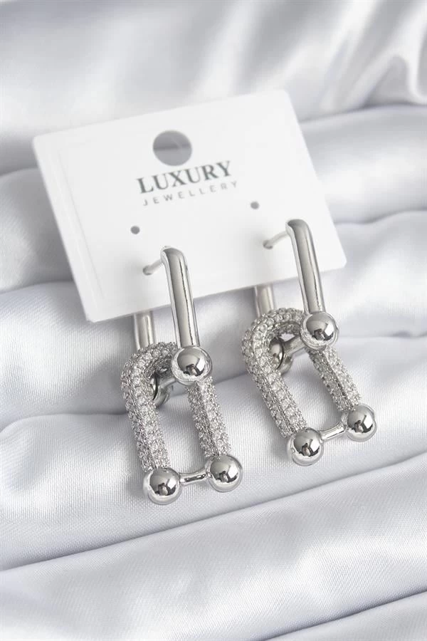 Pirinç Gümüş Renk Zirkon Taşlı Tiffany Model Vip Seri Kadın Küpe