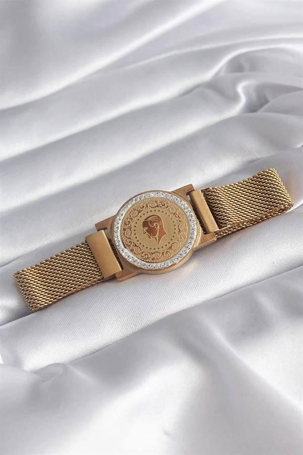 316l Çelik Gold Renk Mıknatıslı Hasır Zirkon Taşlı Çeyrek Altın Model Kadın Bileklik