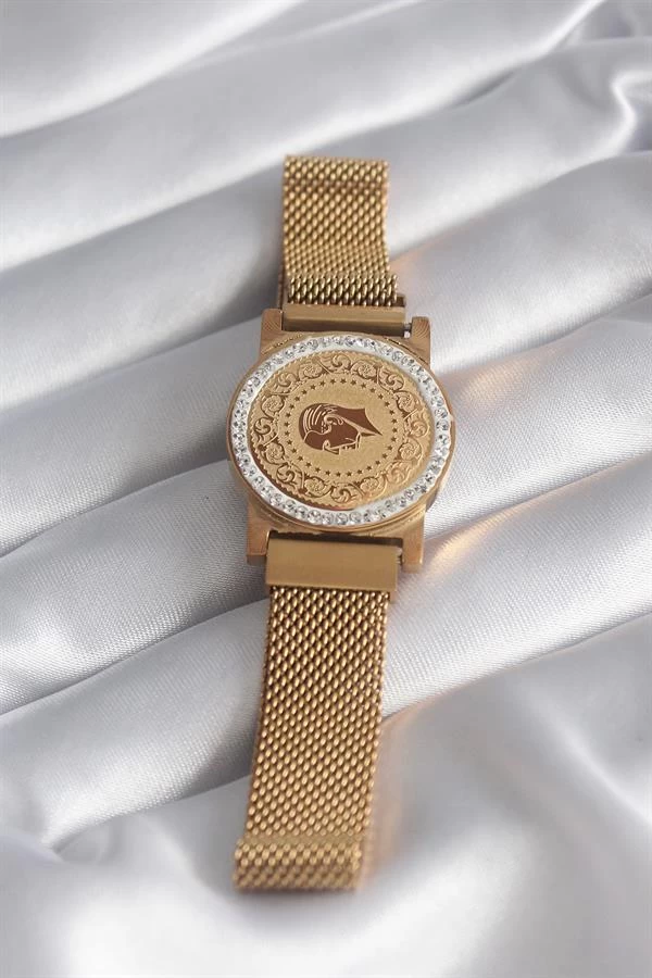 316l Çelik Gold Renk Mıknatıslı Hasır Zirkon Taşlı Çeyrek Altın Model Kadın Bileklik