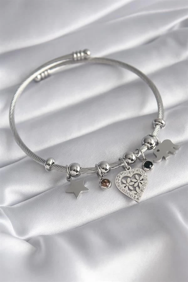 316l Çelik Gümüş Renk Zirkon Taşlı Kalp Figür Fil Detay Charm Model Kadın Bileklik