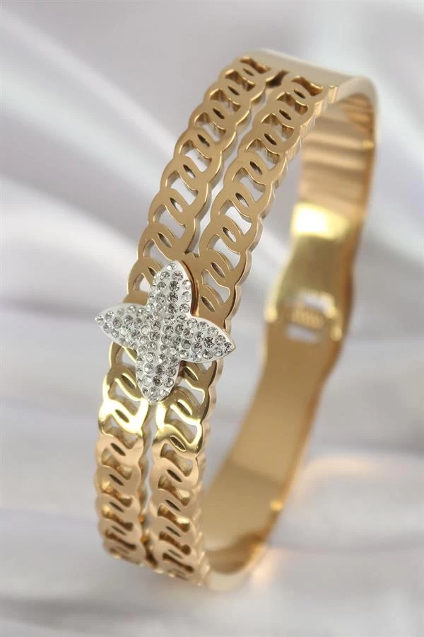 316l Çelik Gold Renk Zirkon Taşlı Çiçek Model Kadın Kelepçe