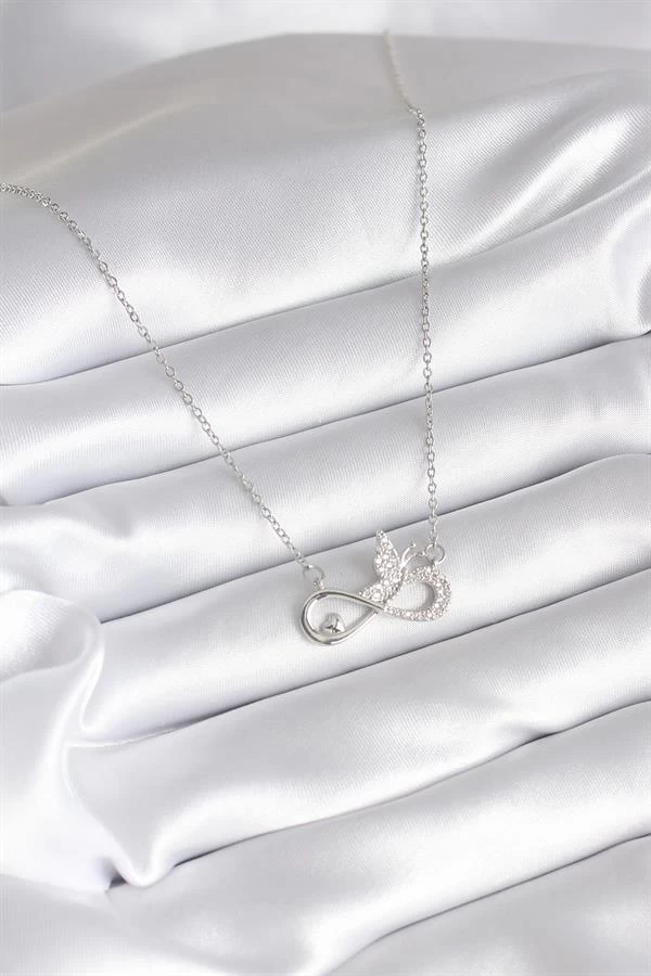 316l Çelik Gümüş Renk Zirkon Taşlı Sonsuzluk Model Kelebek Detay Kadın Kolye