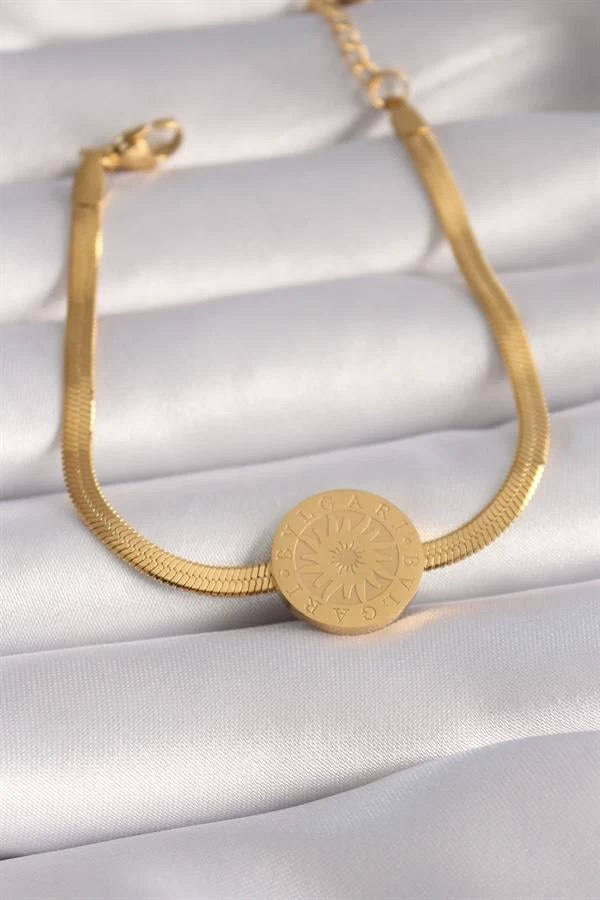 316l Çelik Gold Renk İtalyan Zincir Model İşlemeli Madalyon Figür Kadın Bileklik