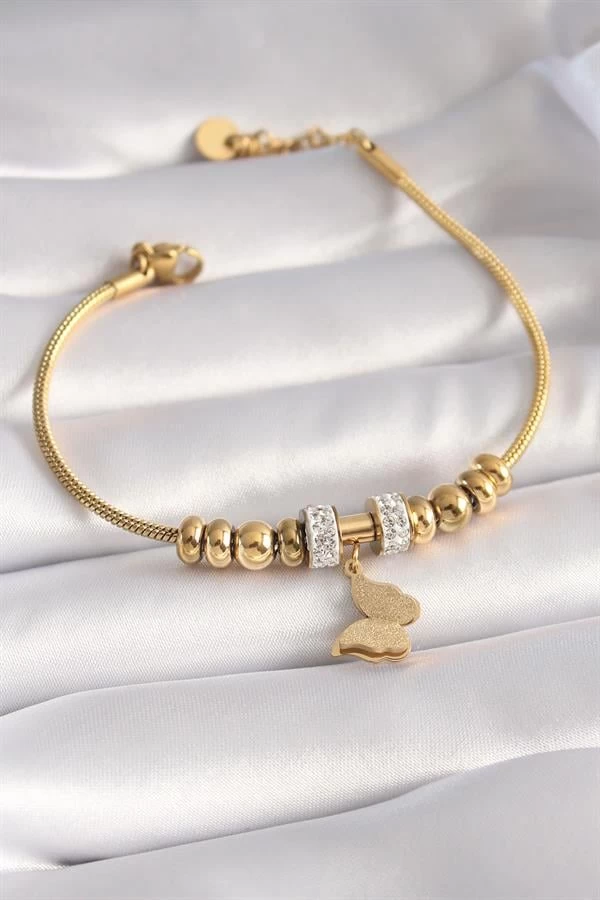 316l Çelik Gold Renk Zirkon Taşlı Simli Kelebek Figür Kadın Bileklik