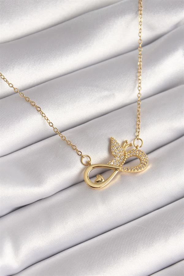 316l Çelik Gold Renk Zirkon Zincir Taşı Sonsuzluk Kelebek Model Kadın Kolye