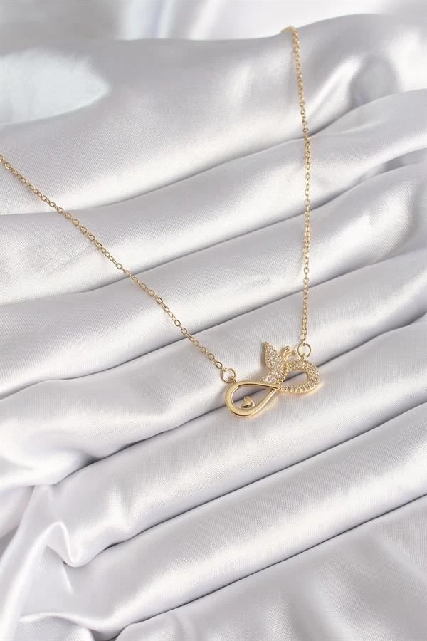 316l Çelik Gold Renk Zirkon Zincir Taşı Sonsuzluk Kelebek Model Kadın Kolye