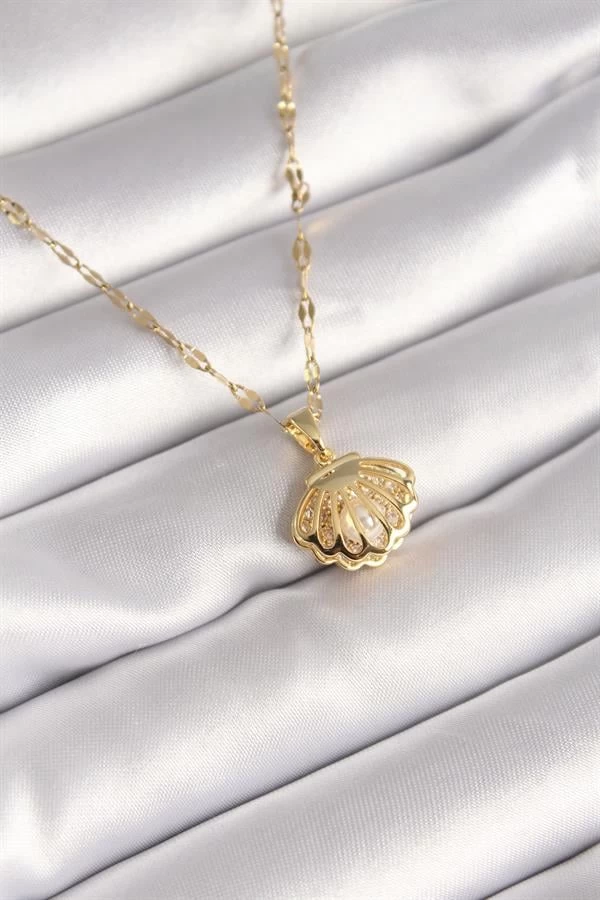 316l Çelik Gold Renk Zincir Açılır İstiridye Model İnci Zirkon Taş Detay Kadın Kolye