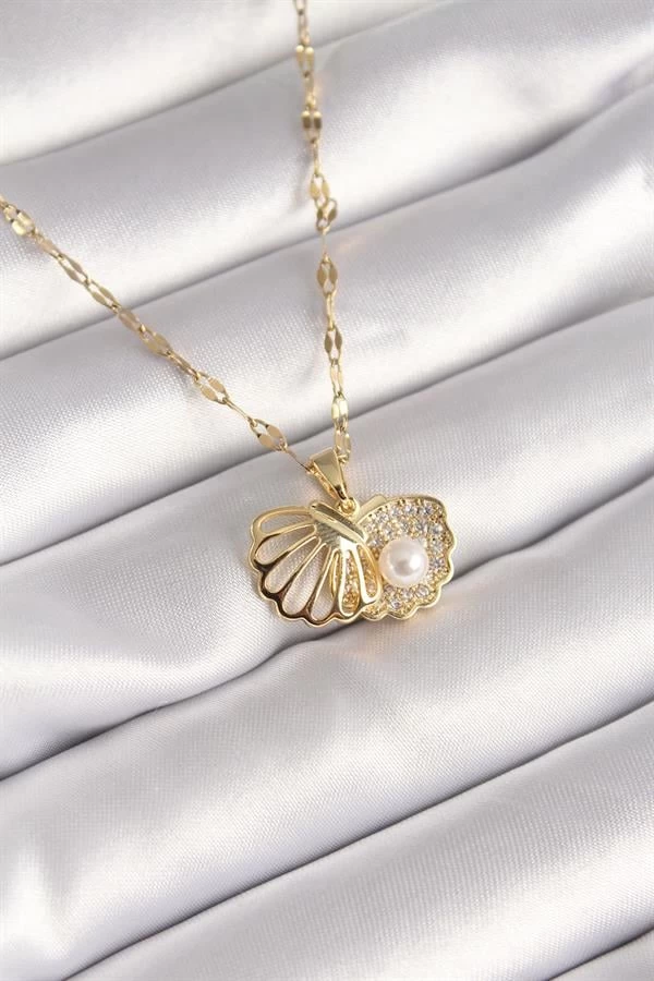 316l Çelik Gold Renk Zincir Açılır İstiridye Model İnci Zirkon Taş Detay Kadın Kolye