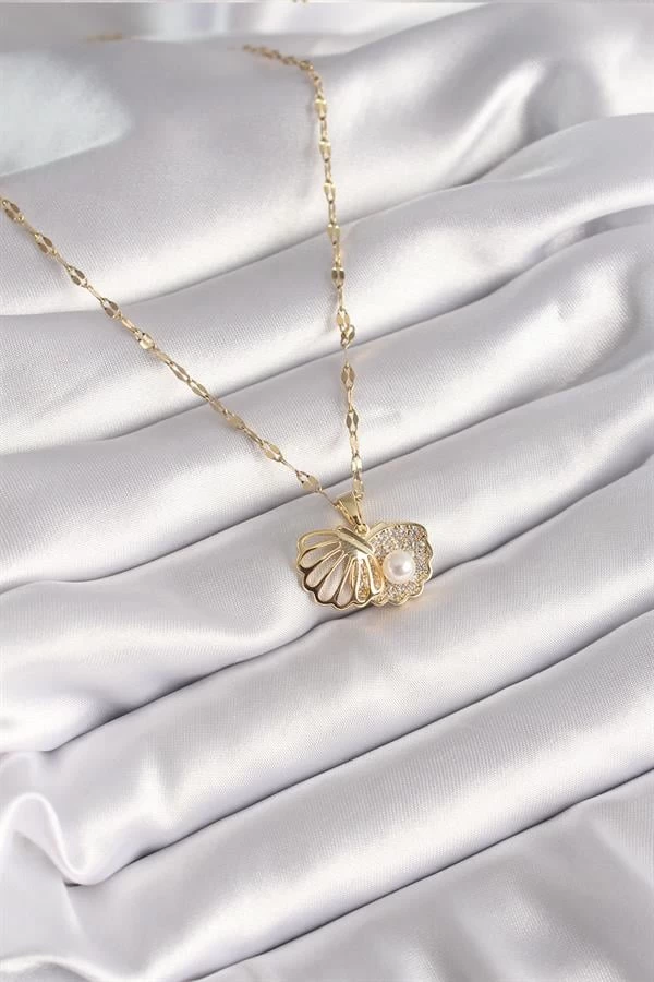 316l Çelik Gold Renk Zincir Açılır İstiridye Model İnci Zirkon Taş Detay Kadın Kolye