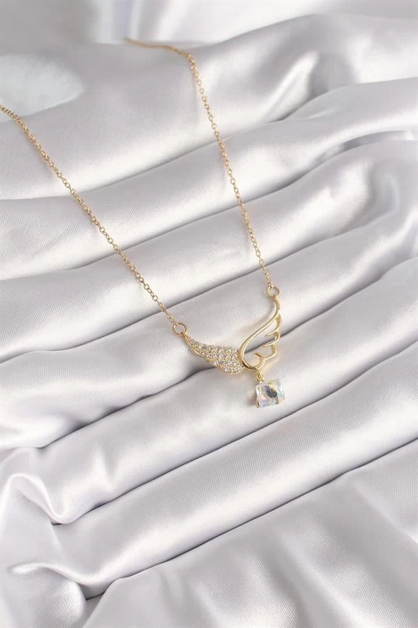 316l Çelik Gold Renk Zincir Zirkon Taşlı Kanat Model Sallantı Zirkon Taş Detay Kadın Kolye