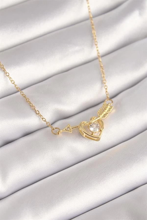 316l Çelik Gold Renk Zincir Zirkon Taşlı Ok Kalp Model Kadın Kolye