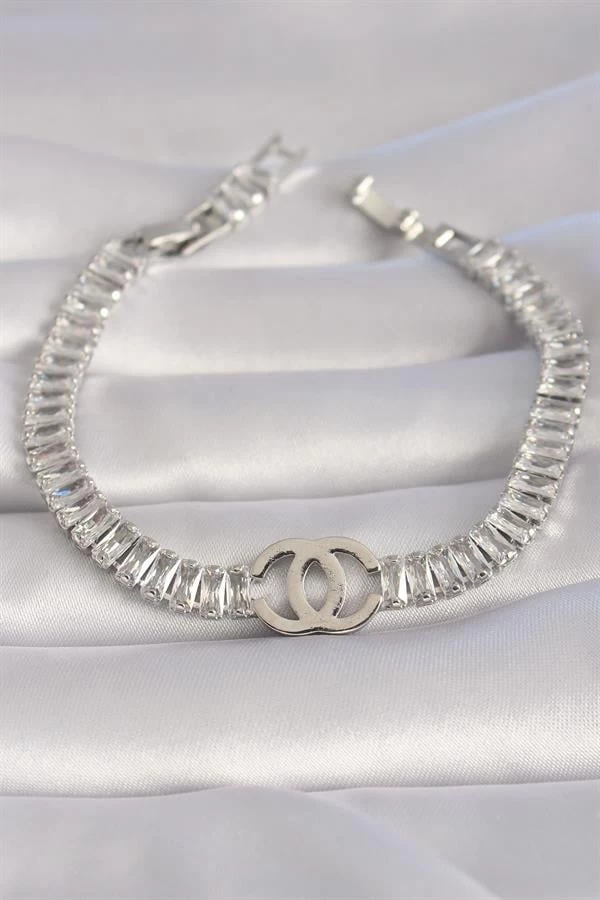 Pirinç Gümüş Renk Zirkon Taşlı Su Yolu Model Vip Seri Kadın Bileklik