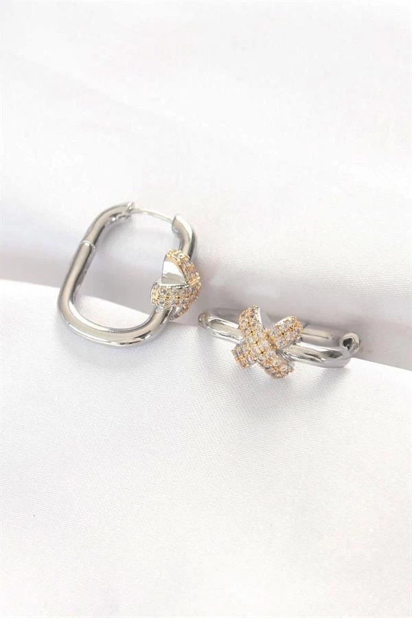 Pirinç Çift Renk Taşlı X Tasarımlı Dikdörtgen Küpe