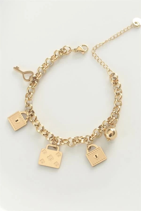 316l Çelik Gold Renk Karışık Aksesuarlı Oval Zincir Bileklik