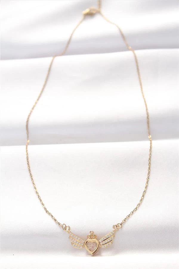 316l Çelik Gold Renk Zirkon Taşlı Kalpli Kanat Kolye