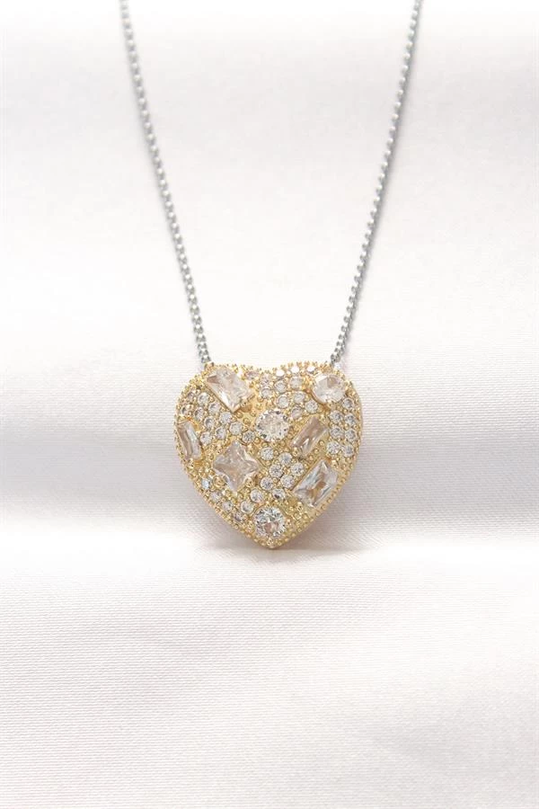 316l Çelik Çift Renk Zirkon Taşlı Kalp Kolye