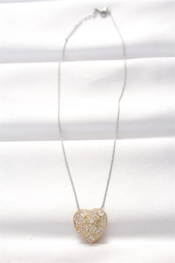 316l Çelik Çift Renk Zirkon Taşlı Kalp Kolye
