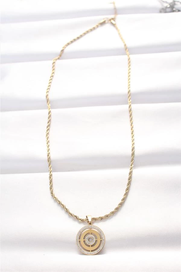 316l Çelik Gold Renk Zirkon Taşlı Burgu Zincirli Kolye