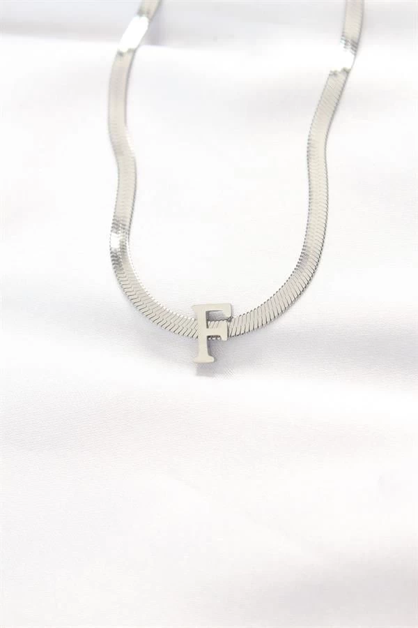 316l Çelik F Harfli Silver Renk İtalyan Zincirli Kolye