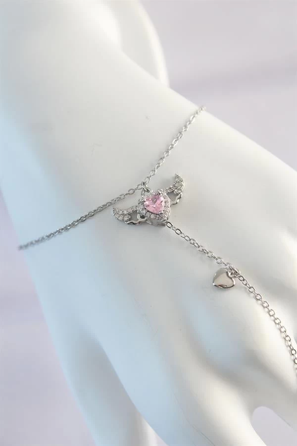 316l Çelik Gümüş Renk Pembe Zirkon Taşlı Kanatlı Kalp Model Şahmeran