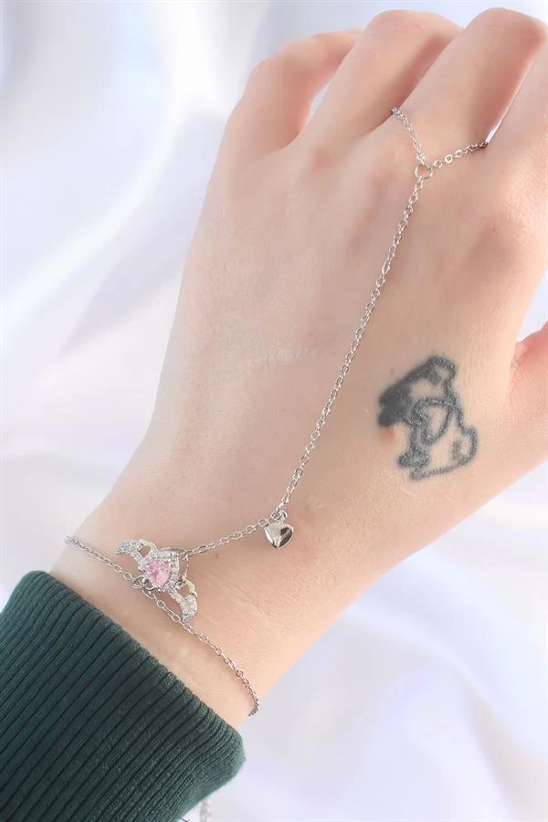 316l Çelik Gümüş Renk Pembe Zirkon Taşlı Kanatlı Kalp Model Şahmeran