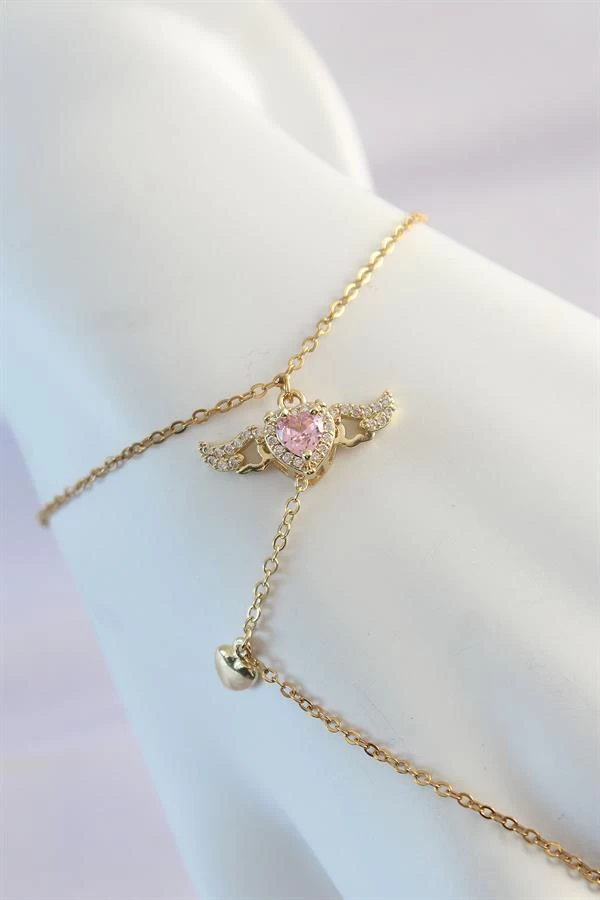 316l Çelik Gold Renk Pembe Zirkon Taşlı Kanatlı Kalp Model Şahmeran