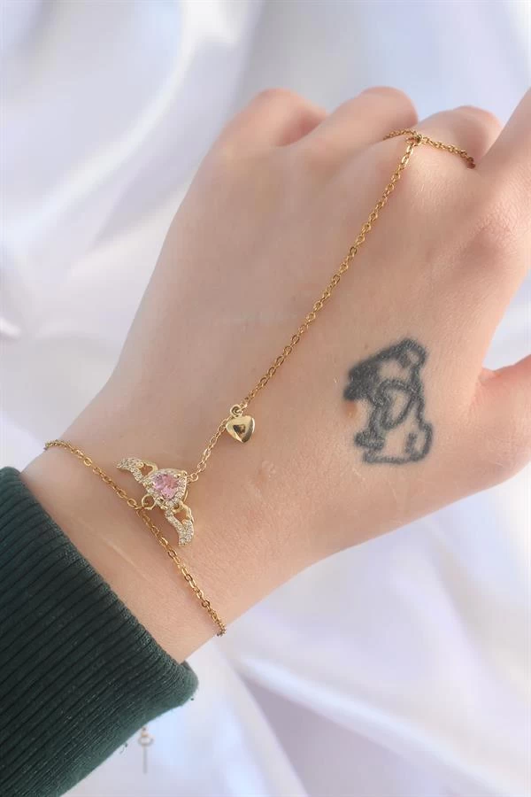 316l Çelik Gold Renk Pembe Zirkon Taşlı Kanatlı Kalp Model Şahmeran