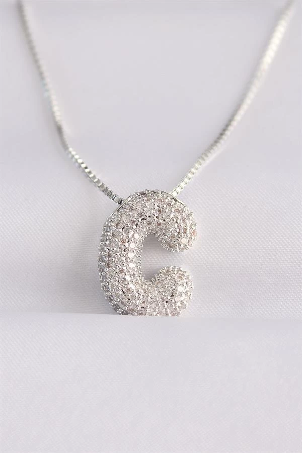 316l Çelik Zincirli Zirkon Taşlı C Harfli Silver Renk Bubble Kolye