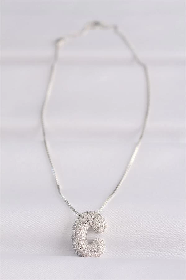 316l Çelik Zincirli Zirkon Taşlı C Harfli Silver Renk Bubble Kolye