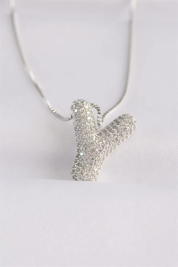 316l Çelik Zincirli Zirkon Taşlı Y Harfli Silver Renk Bubble Kolye