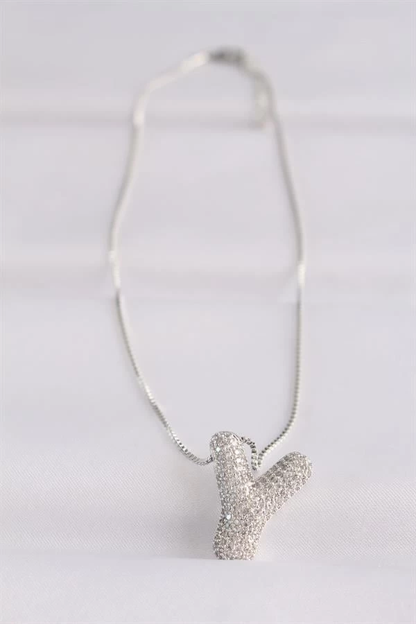 316l Çelik Zincirli Zirkon Taşlı Y Harfli Silver Renk Bubble Kolye