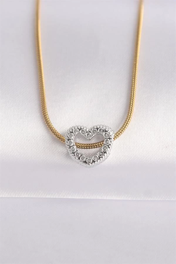 316l Çelik Zincir Altın Renk Zincirli Gümüş Renk Kalp Tasarımlı Kolye